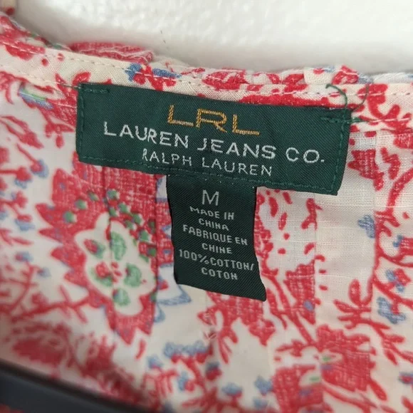 LRL Ralph Lauren Jeans Co. Red White Floral Cotton Shirt Sleeve Ruffle Top M - Picture 5 of 6